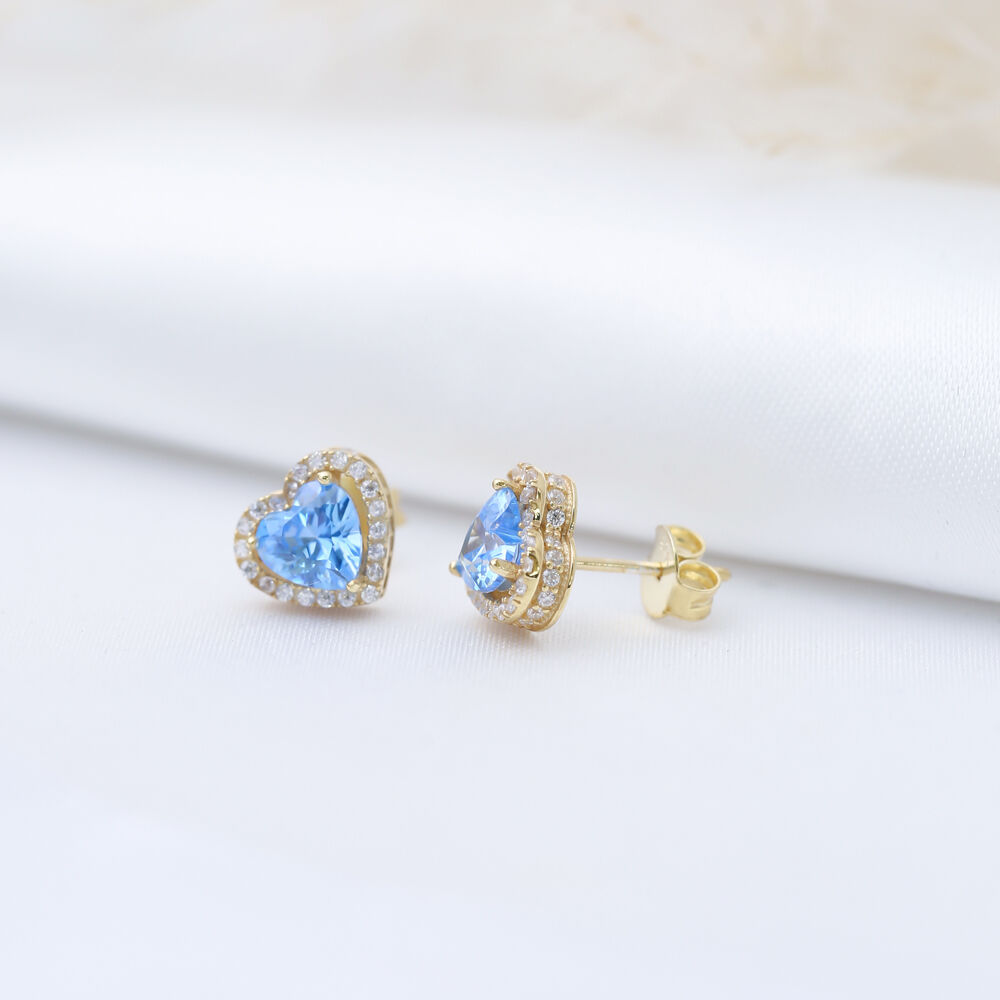 Aquamarine CZ Heart Design Stone 925 Silver Stud Earrings