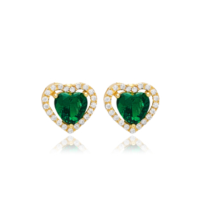 Emerald CZ Heart Design Stone 925 Silver Stud Earrings