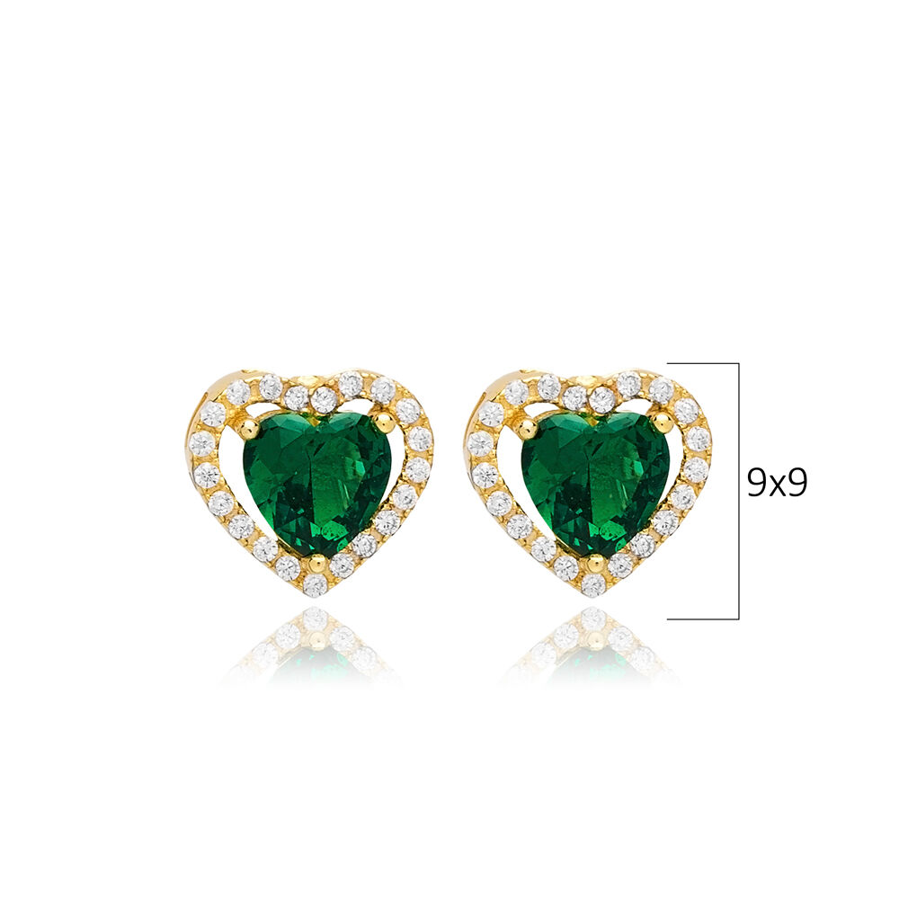 Emerald CZ Heart Design Stone 925 Silver Stud Earrings