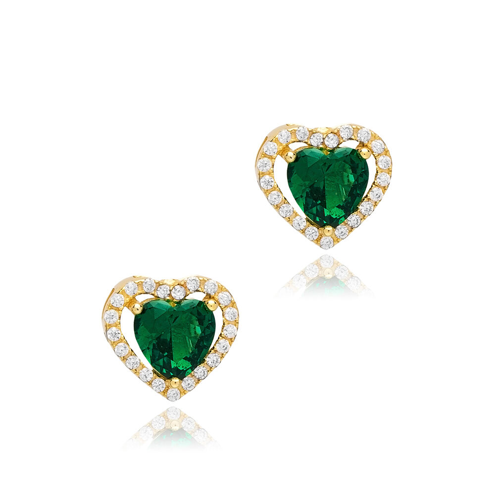 Emerald CZ Heart Design Stone 925 Silver Stud Earrings