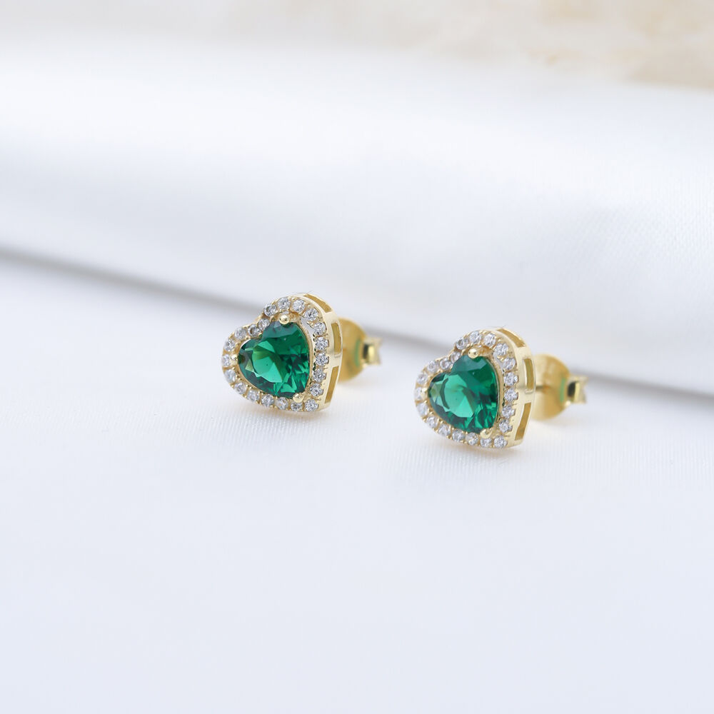 Emerald CZ Heart Design Stone 925 Silver Stud Earrings