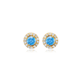 Ø7 mm Round Aquamarine CZ Wholesale 925 Silver Stud Earrings