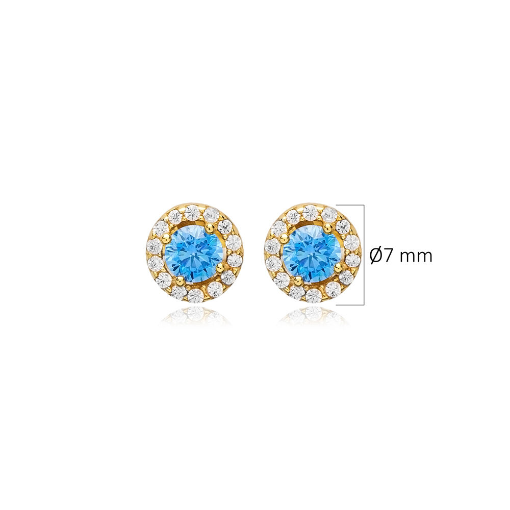 Ø7 mm Round Aquamarine CZ Wholesale 925 Silver Stud Earrings