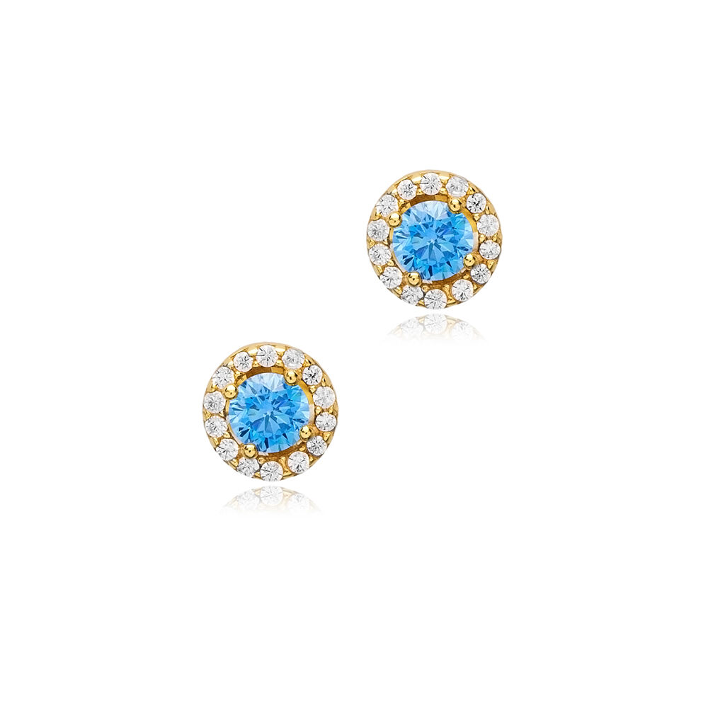 Ø7 mm Round Aquamarine CZ Wholesale 925 Silver Stud Earrings