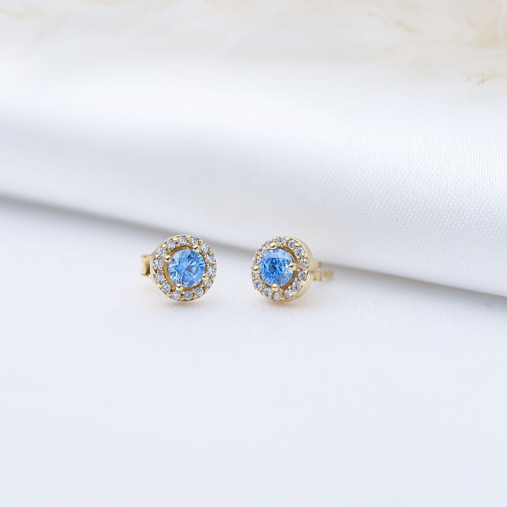 Ø7 mm Round Aquamarine CZ Wholesale 925 Silver Stud Earrings