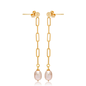 Pink Pearl Chain Design 925 Sterling Silver Long Earrings