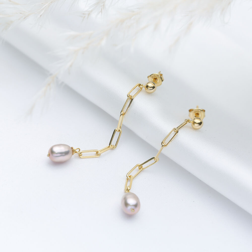 Pink Pearl Chain Design 925 Sterling Silver Long Earrings