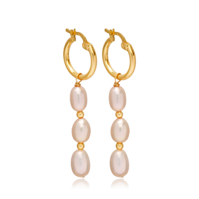 Triple Pink Pearl Design 925 Sterling Silver Hoop Earrings