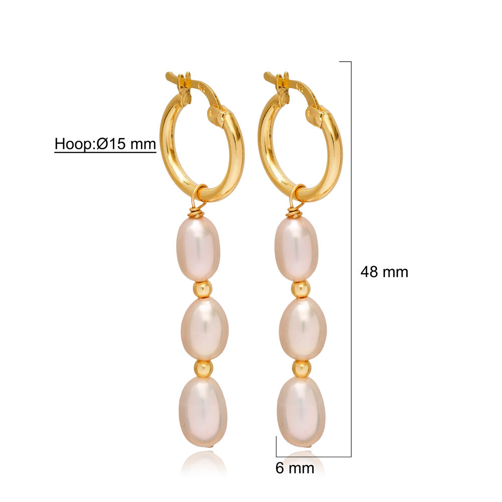 Triple Pink Pearl Design 925 Sterling Silver Hoop Earrings