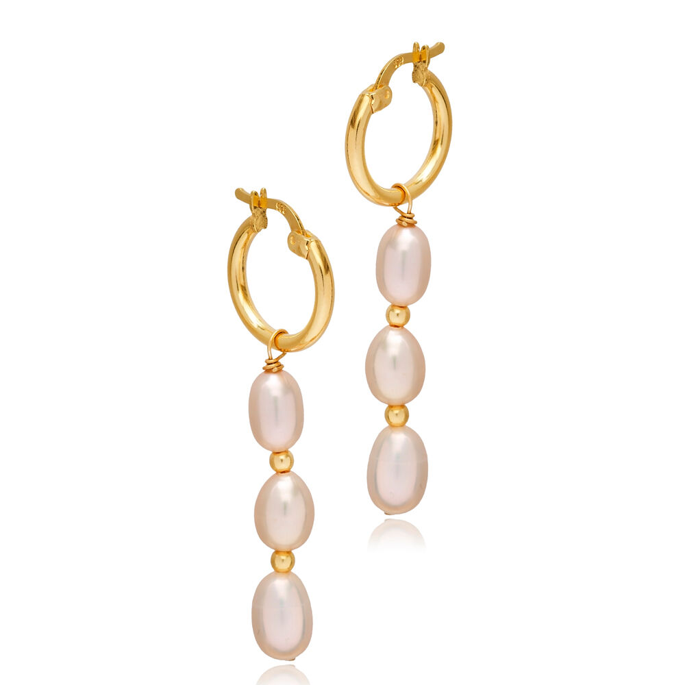 Triple Pink Pearl Design 925 Sterling Silver Hoop Earrings