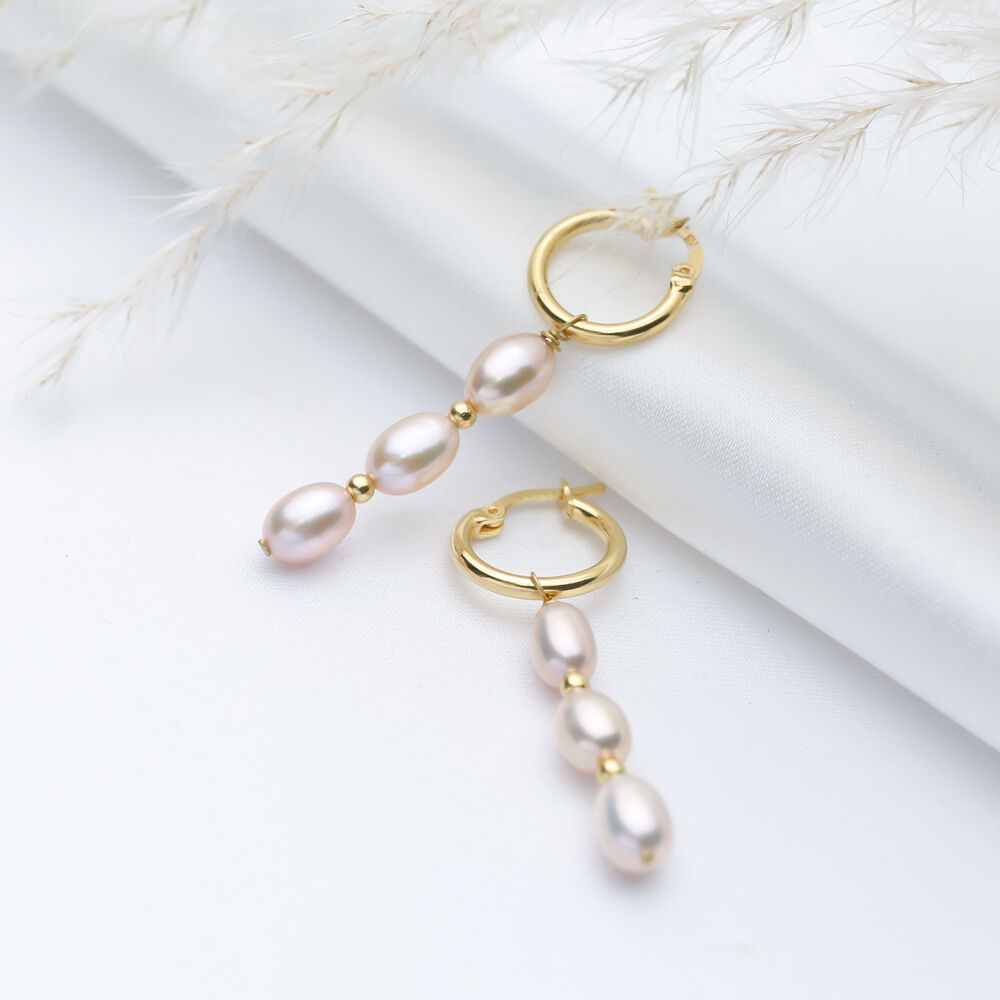 Triple Pink Pearl Design 925 Sterling Silver Hoop Earrings