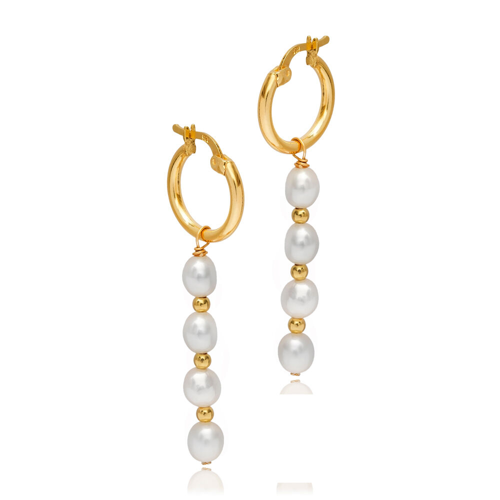 Pearl Design with Balls 925 Silver Hoop Long Earrings