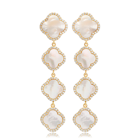 Clover CZ and Mother of Pearl Stone 925 Silver Long Earring