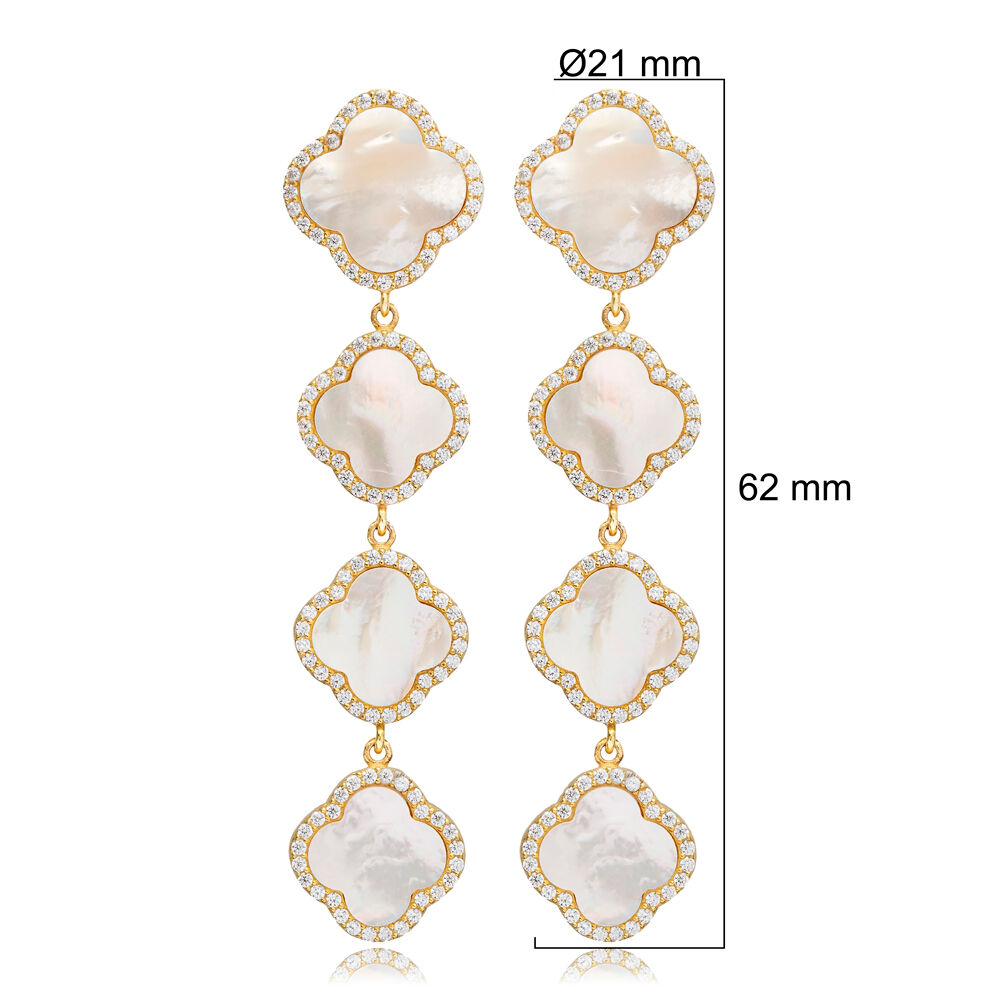 Clover CZ and Mother of Pearl Stone 925 Silver Long Earring