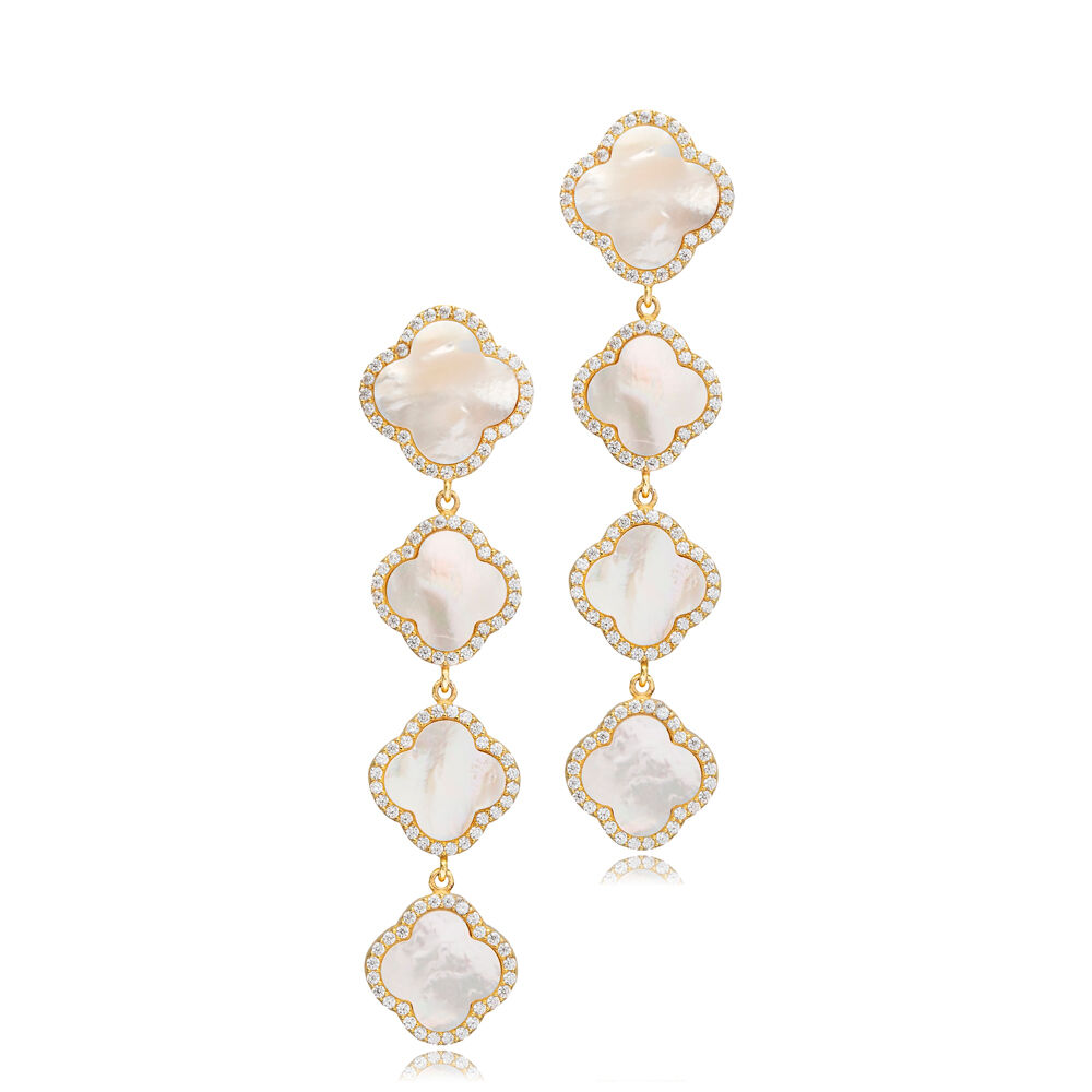 Clover CZ and Mother of Pearl Stone 925 Silver Long Earring