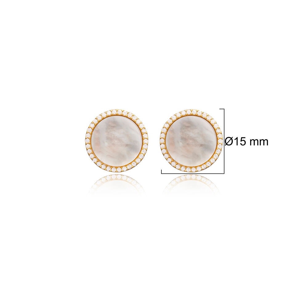 Round Design Mother of Pearl Turkish Silver Stud Earrings