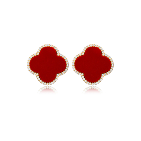 Coral Stone Clover Design Wholesale Silver Stud Earrings