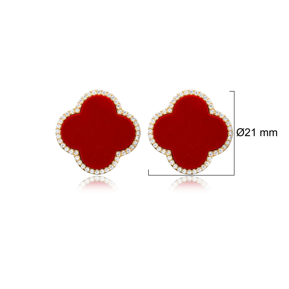 Coral Stone Clover Design Wholesale Silver Stud Earrings