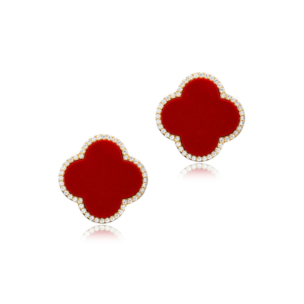 Coral Stone Clover Design Wholesale Silver Stud Earrings