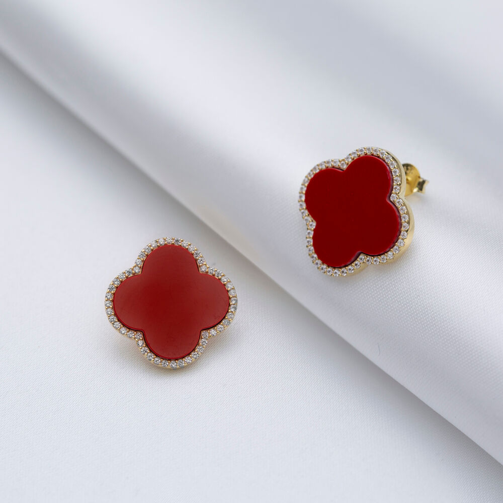 Coral Stone Clover Design Wholesale Silver Stud Earrings