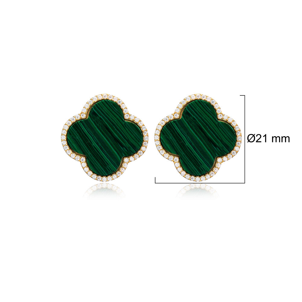 Malachite Stone Clover Design Wholesale Silver Stud Earrings