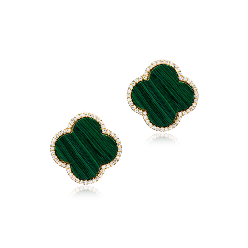 Malachite Stone Clover Design Wholesale Silver Stud Earrings