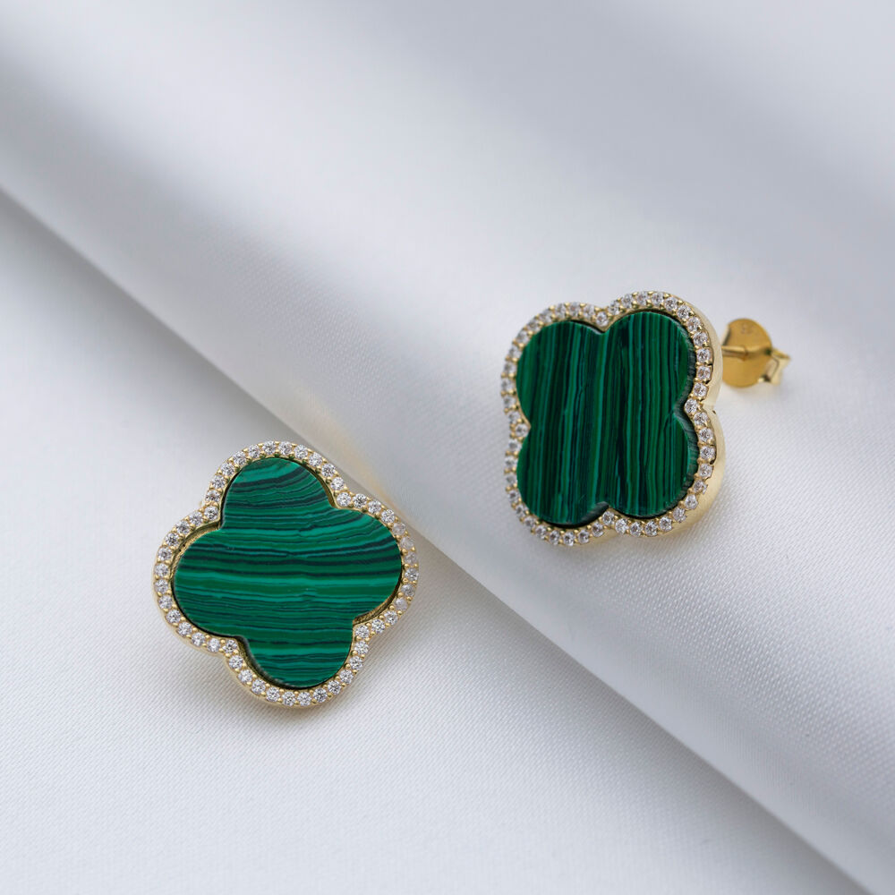 Malachite Stone Clover Design Wholesale Silver Stud Earrings