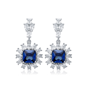 Flower Design Square Sapphire CZ Wholesale Silver Dangle Earrings