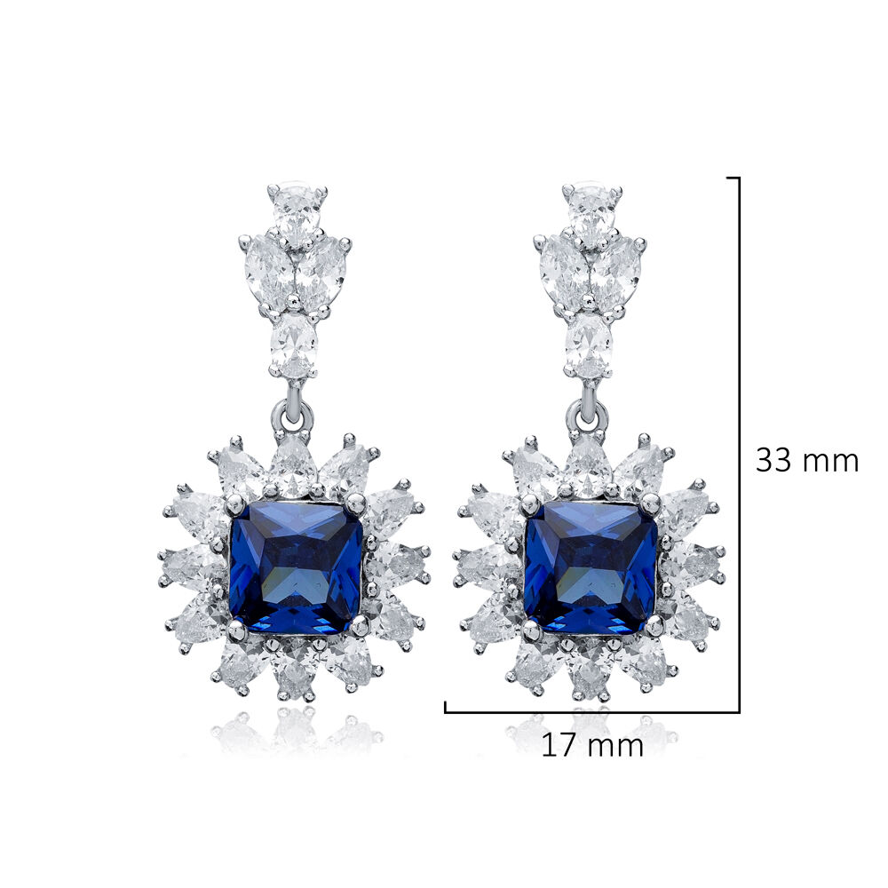 Flower Design Square Sapphire CZ Wholesale Silver Cluster Earrings