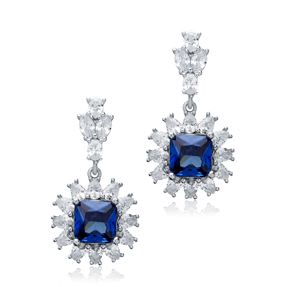 Flower Design Square Sapphire CZ Wholesale Silver Cluster Earrings