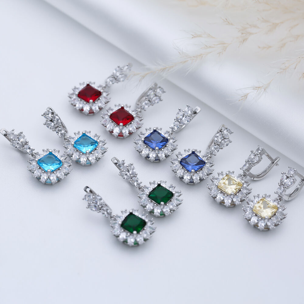 Flower Design Square Sapphire CZ Wholesale Silver Cluster Earrings