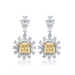 Flower Design Square Citrine CZ Wholesale Silver Dangle Earrings