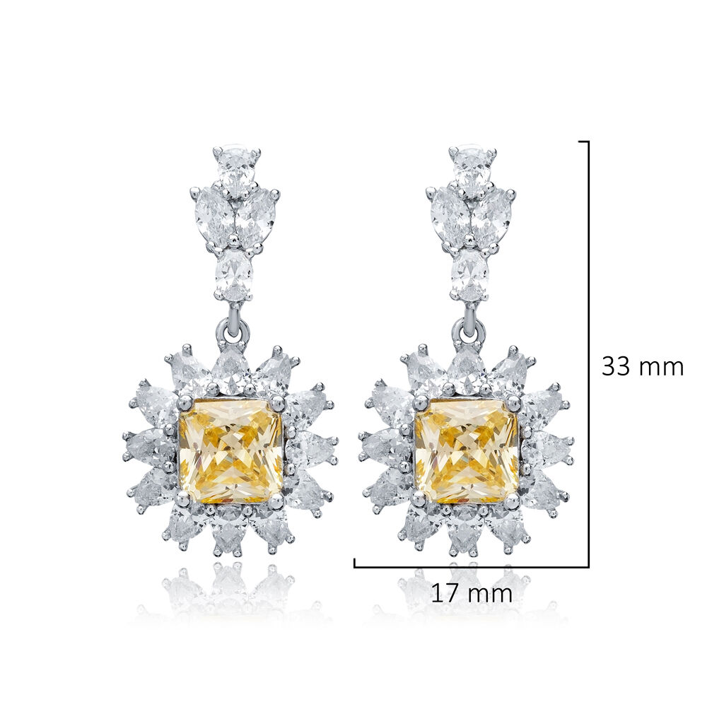 Flower Design Square Citrine CZ Wholesale Silver Dangle Earrings