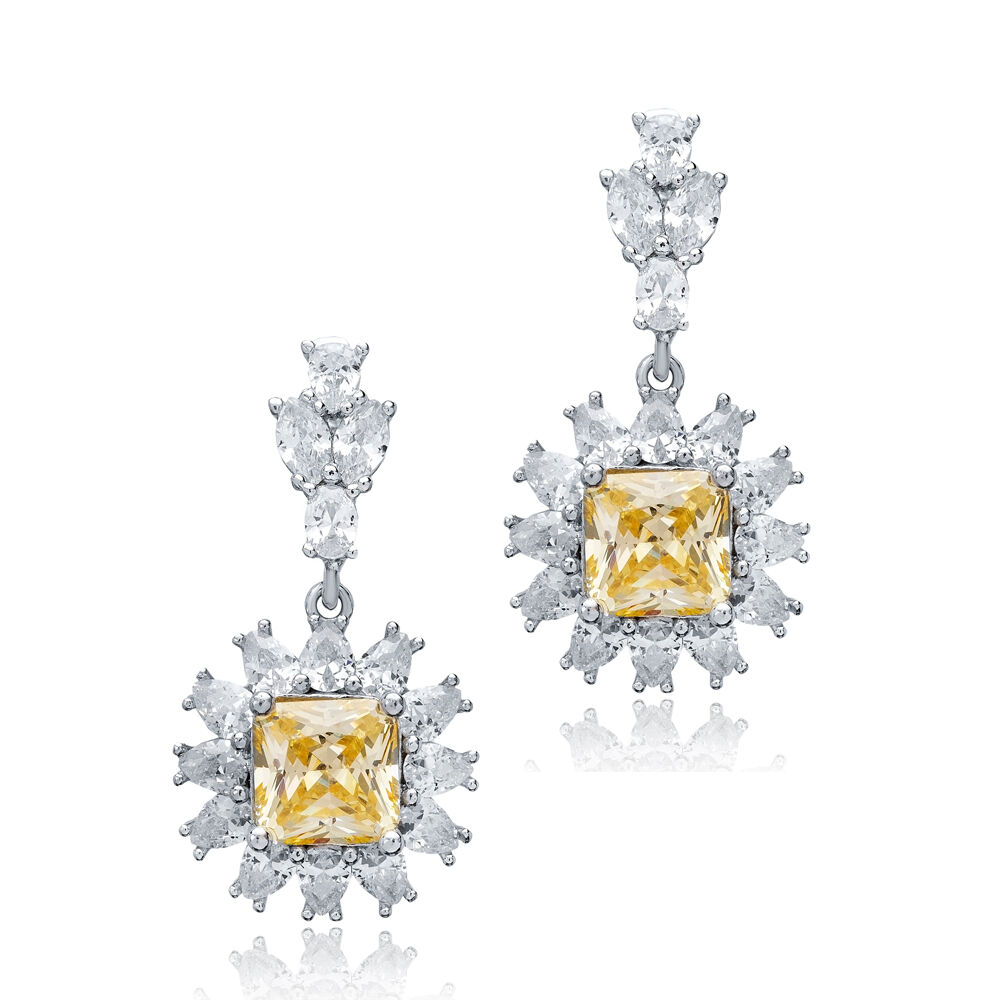 Flower Design Square Citrine CZ Wholesale Silver Dangle Earrings