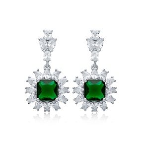 Square Emerald CZ Flower Design Wholesale Silver Dangle Earrings