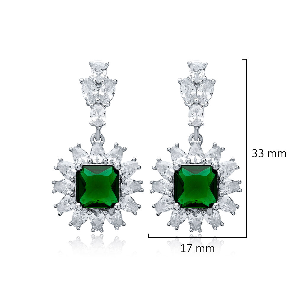 Square Emerald CZ Flower Design Wholesale Silver Dangle Earrings