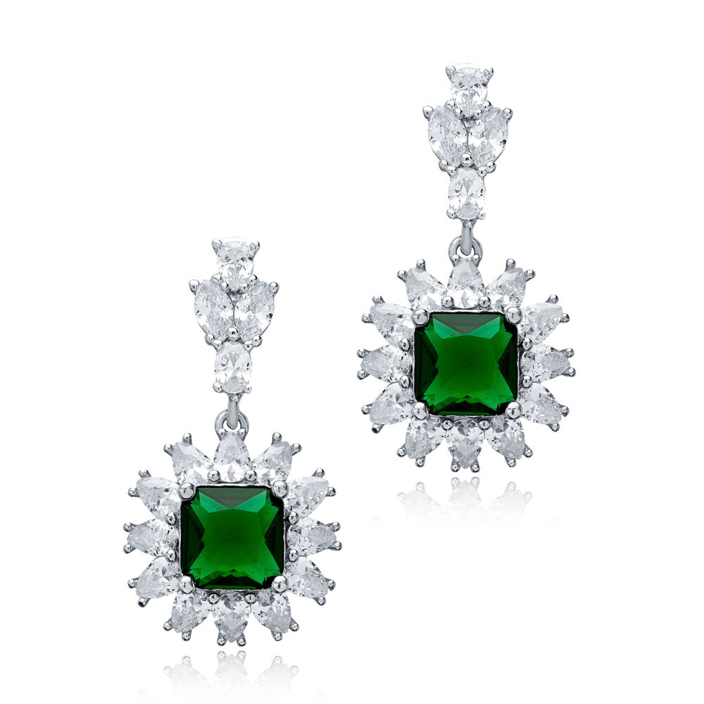 Square Emerald CZ Flower Design Wholesale Silver Cluster Earrings