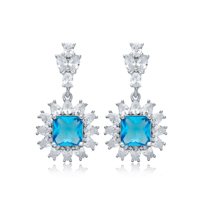 Square Aquamarine CZ Flower Design Wholesale Silver Dangle Earrings