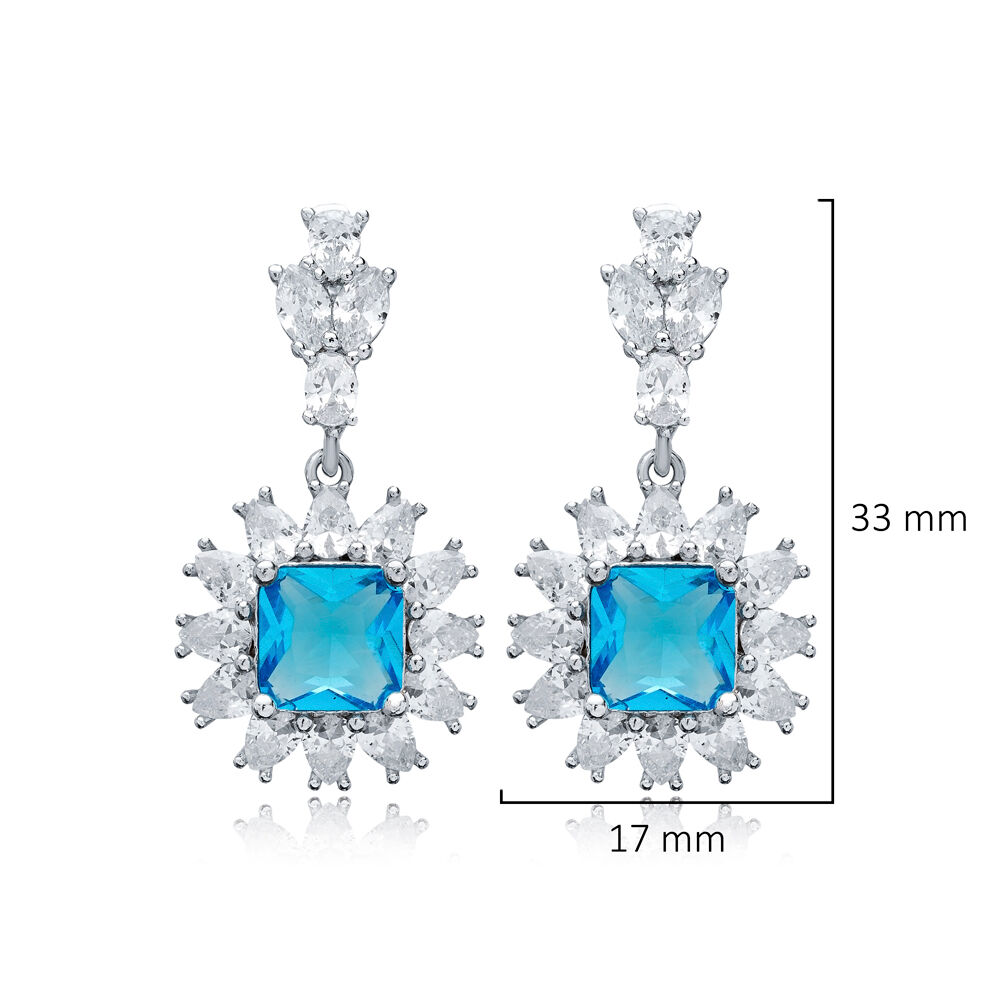 Square Aquamarine CZ Flower Design Wholesale Silver Dangle Earrings