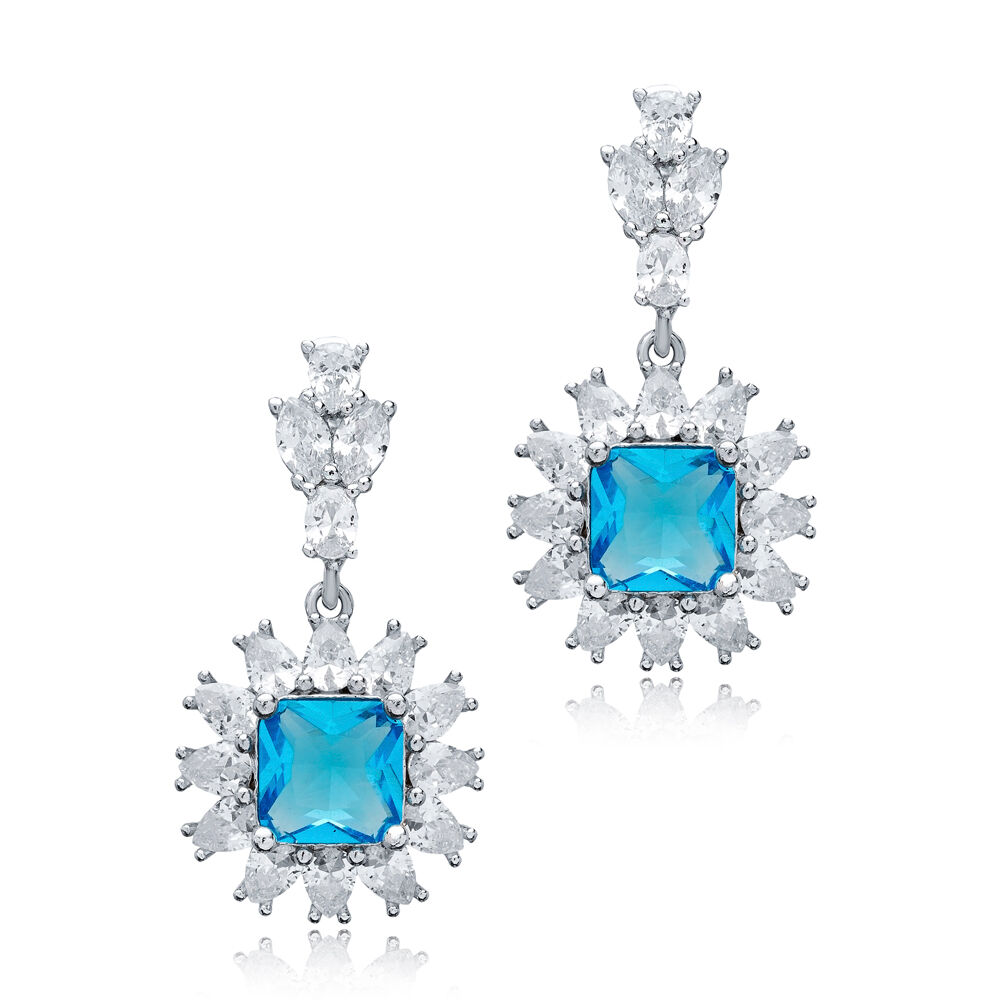 Square Aquamarine CZ Flower Design Wholesale Silver Cluster Earrings