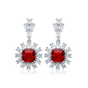 Square Garnet CZ Flower Design Wholesale Silver Dangle Earrings