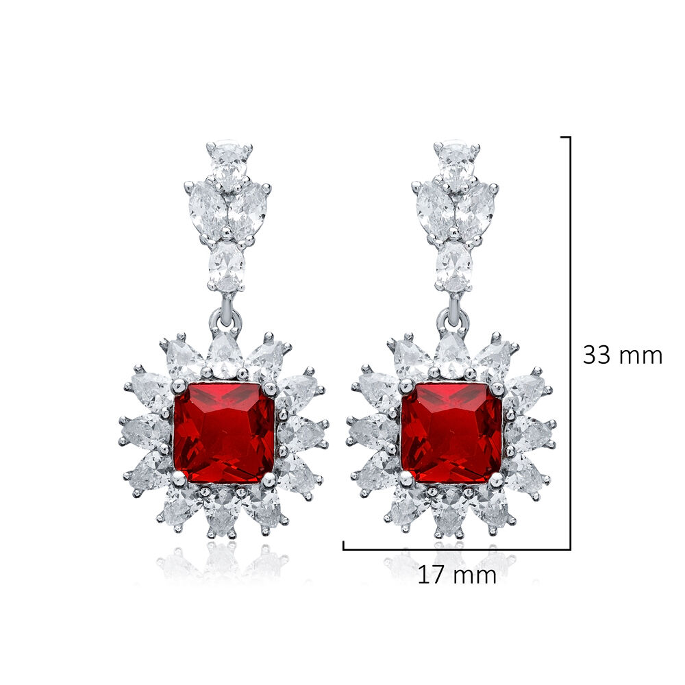 Square Garnet CZ Flower Design Wholesale Silver Cluster Earrings