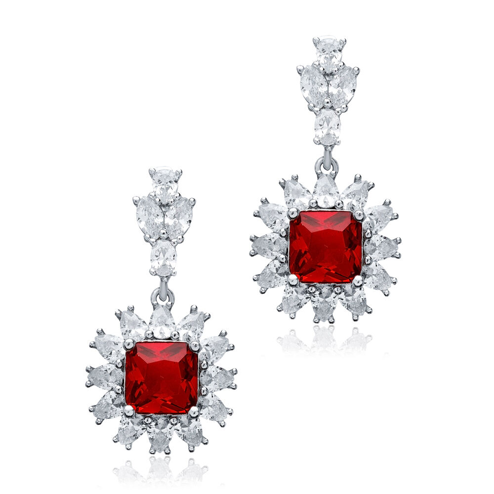 Square Garnet CZ Flower Design Wholesale Silver Cluster Earrings