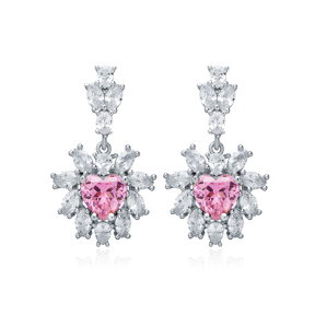 Heart Pink CZ Flower Design Wholesale Silver Dangle Earrings