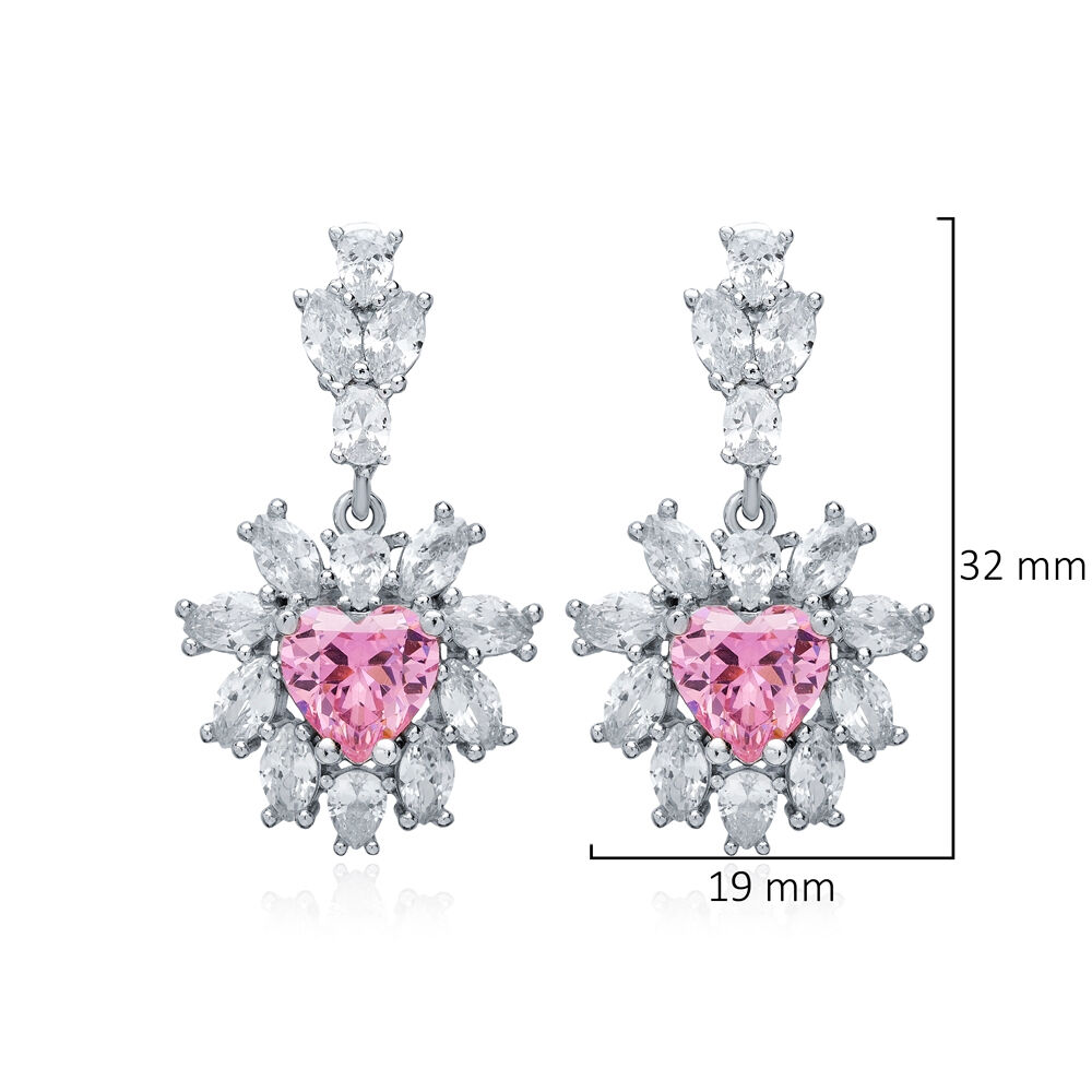 Heart Pink CZ Flower Design Wholesale Silver Cluster Earrings