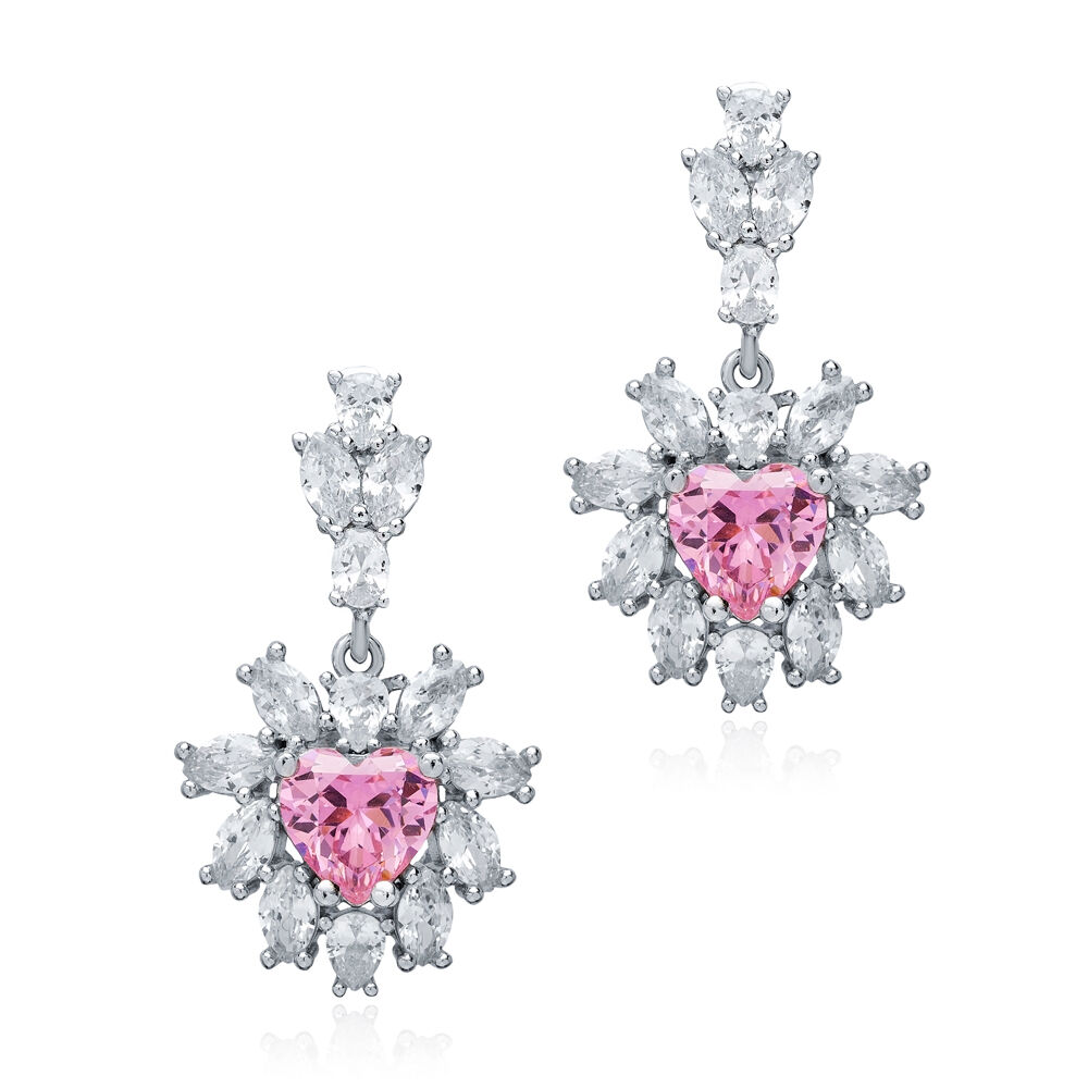 Heart Pink CZ Flower Design Wholesale Silver Cluster Earrings