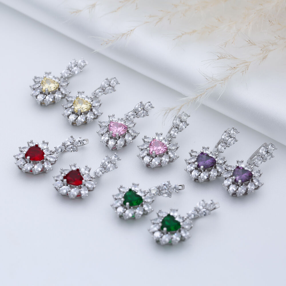 Heart Pink CZ Flower Design Wholesale Silver Dangle Earrings