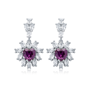 Flower Design Heart Amethyst CZ Wholesale Silver Dangle Earrings