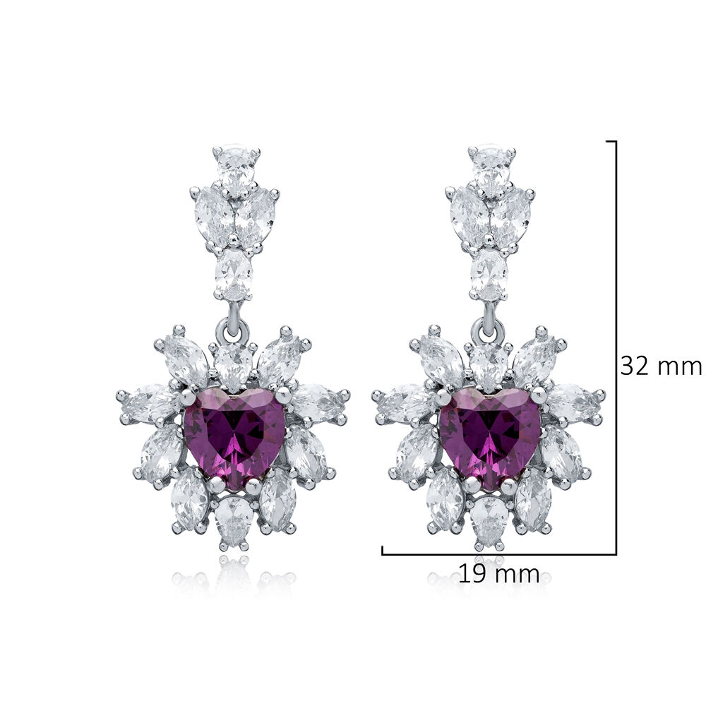 Flower Design Heart Amethyst CZ Wholesale Silver Cluster Earrings