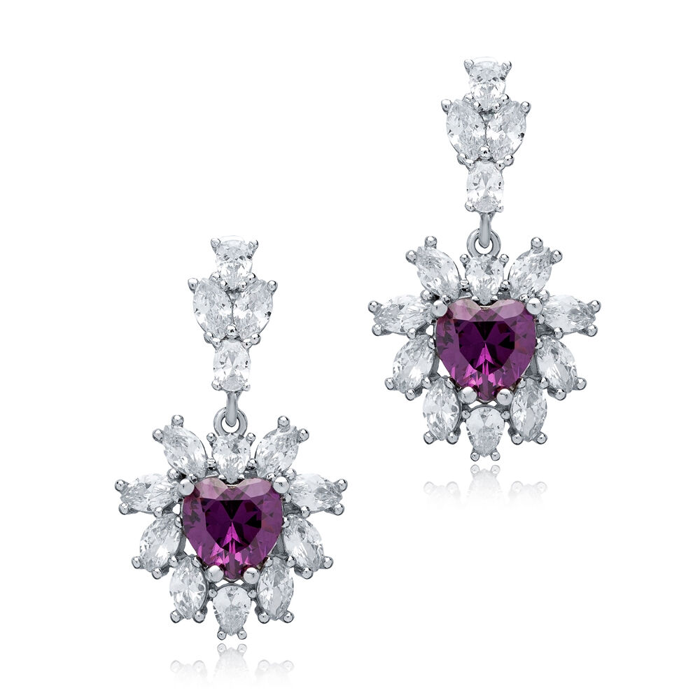 Flower Design Heart Amethyst CZ Wholesale Silver Cluster Earrings